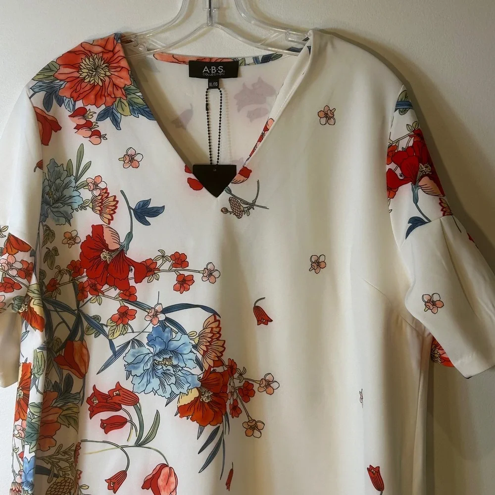 ABS Collection‎ Floral Oriental Print V-Neck Bell Sleeve Shift Dress XL White